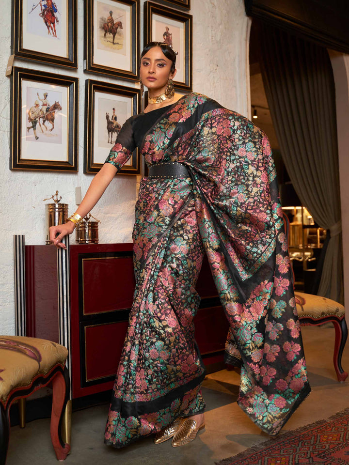 Raven Black Kashmiri Modal Handloom Borderless Saree with Handwoven Weaving and Seamless Drape. Sarees, Handloom Saree, Kashmiri Saree, Modal Saree, Designer Saree, Wedding Saree, Party Wear Saree, Luxury Saree, Ethnic Wear.