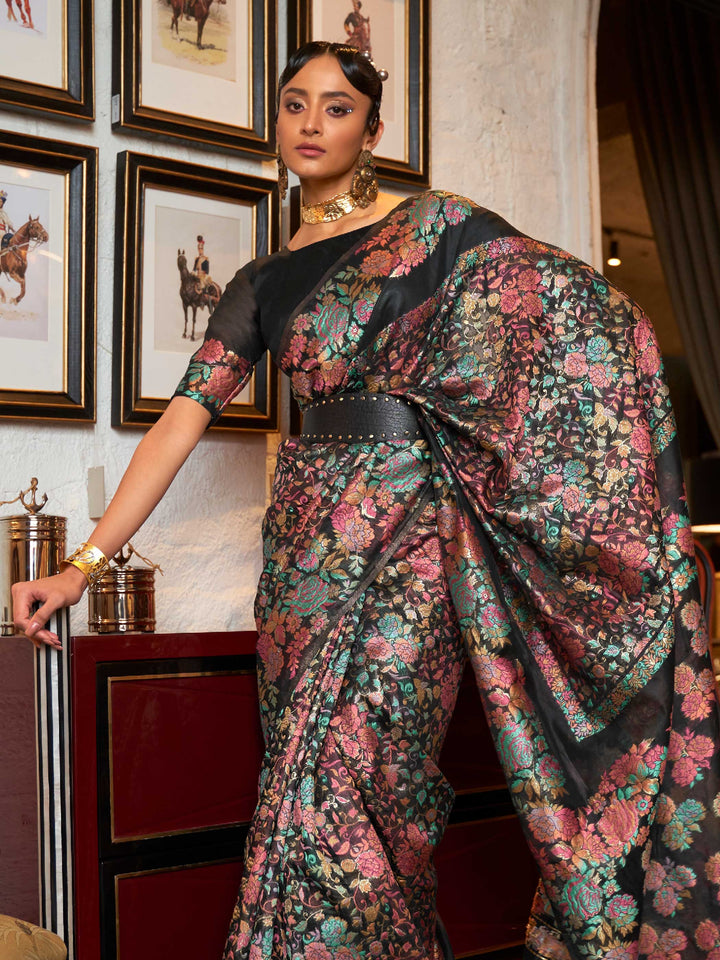 Discover the elegance of the Raven Black Kashmiri Modal Handloom Borderless Saree at House of Vardha. A seamless handwoven masterpiece designed for timeless sophistication.