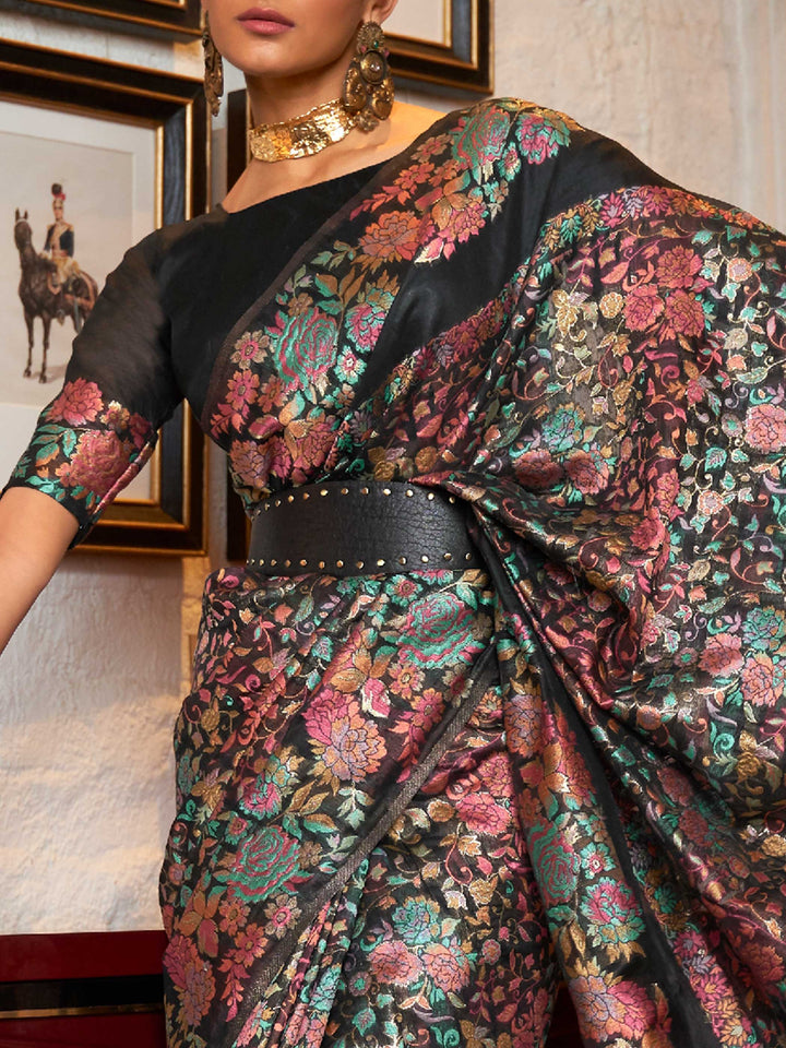 Discover the elegance of the Raven Black Kashmiri Modal Handloom Borderless Saree at House of Vardha. A seamless handwoven masterpiece designed for timeless sophistication.