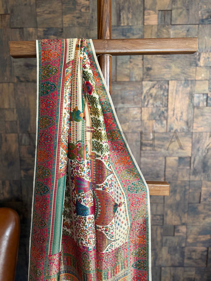 Off-White Banarasi Katan Silk Saree | Darbari Style with Traditional Kalamkari Zari Work