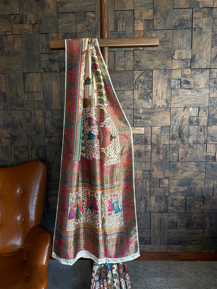 Off-White Banarasi Katan Silk Saree | Darbari Style with Traditional Kalamkari Zari Work