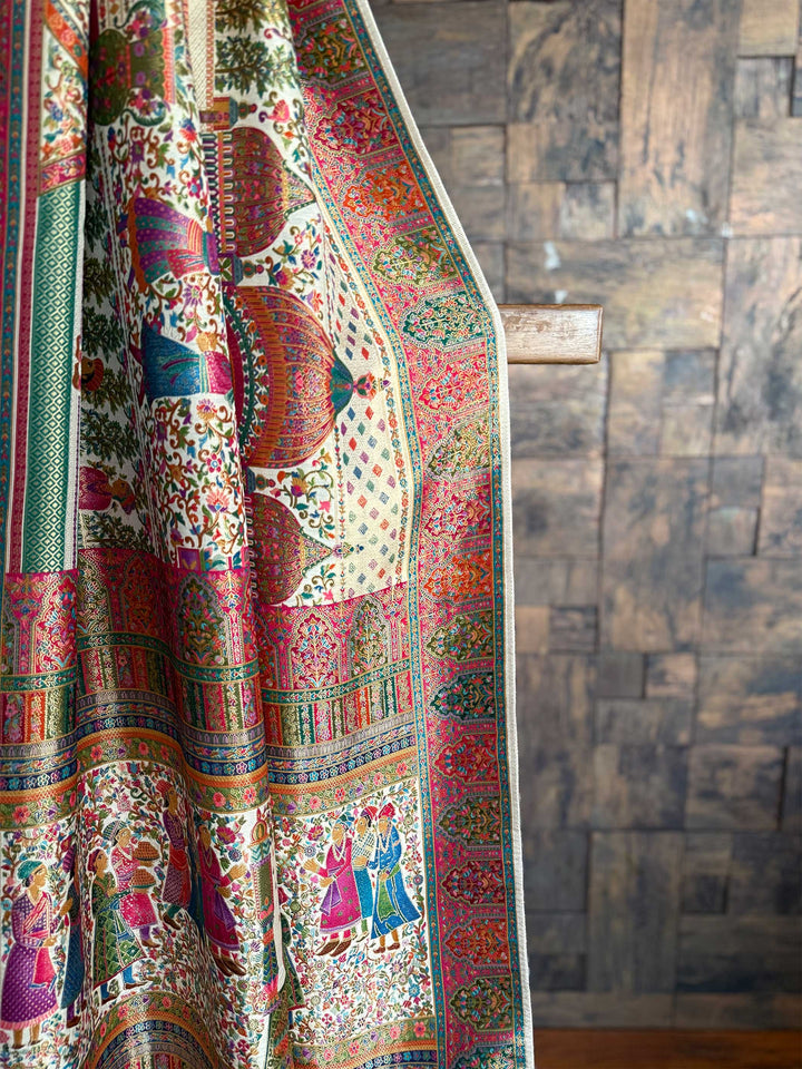 Off-White Banarasi Katan Silk Saree | Darbari Style with Traditional Kalamkari Zari Work