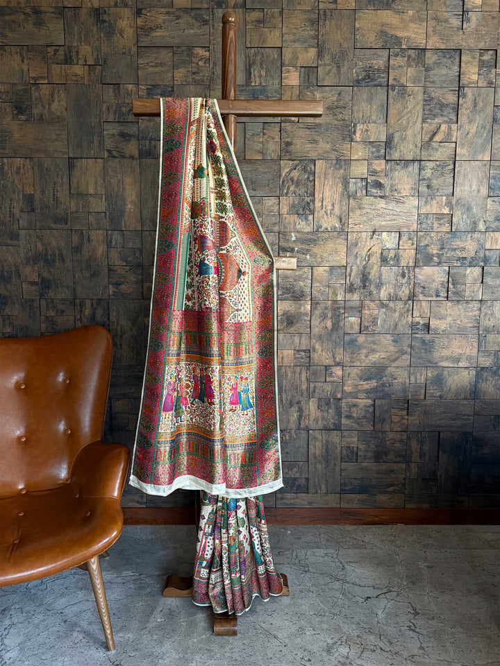 Off-White Banarasi Katan Silk Saree | Darbari Style with Traditional Kalamkari Zari Work