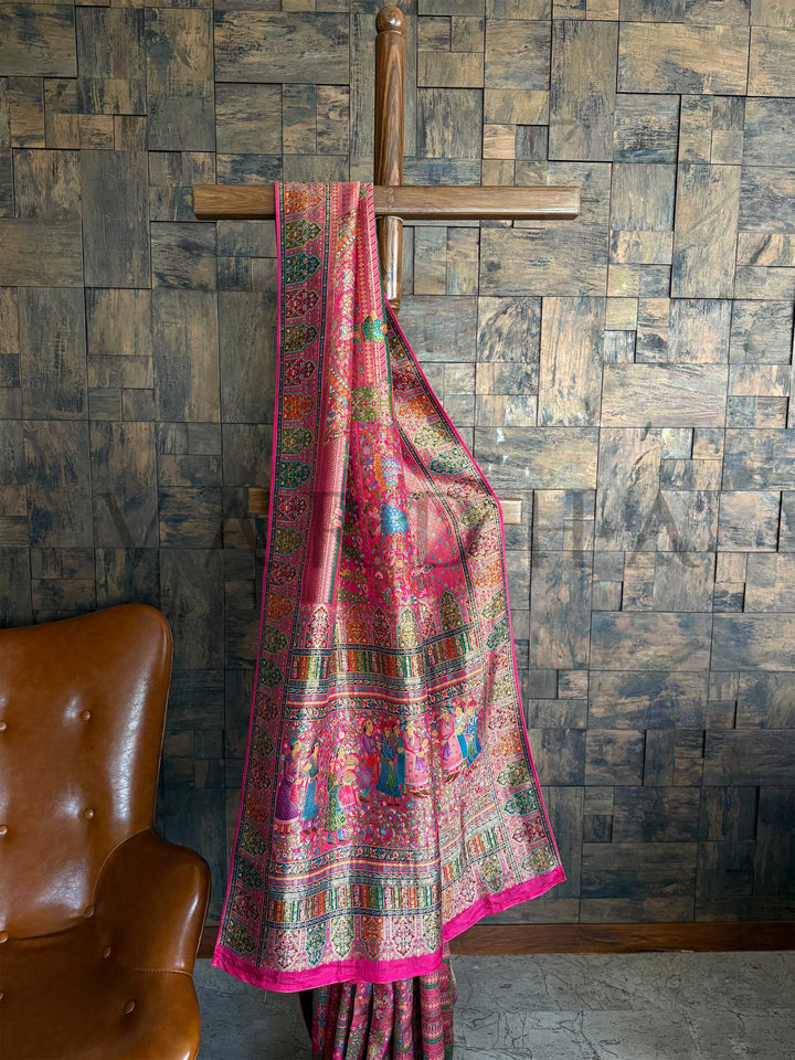 Pink Banarasi Katan Silk Saree | Darbari Style with Traditional Kalamkari Zari Work
