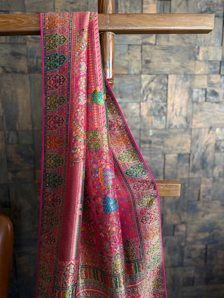 Pink Banarasi Katan Silk Saree | Darbari Style with Traditional Kalamkari Zari Work