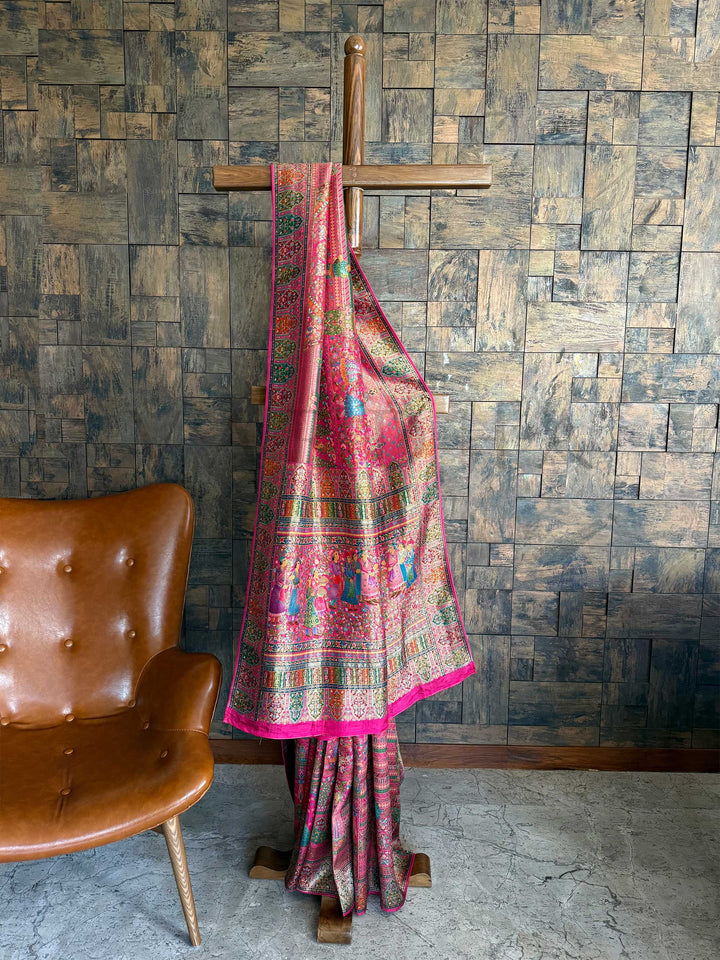Pink Banarasi Katan Silk Saree | Darbari Style with Traditional Kalamkari Zari Work