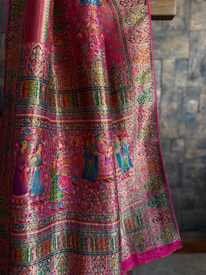 Pink Banarasi Katan Silk Saree | Darbari Style with Traditional Kalamkari Zari Work