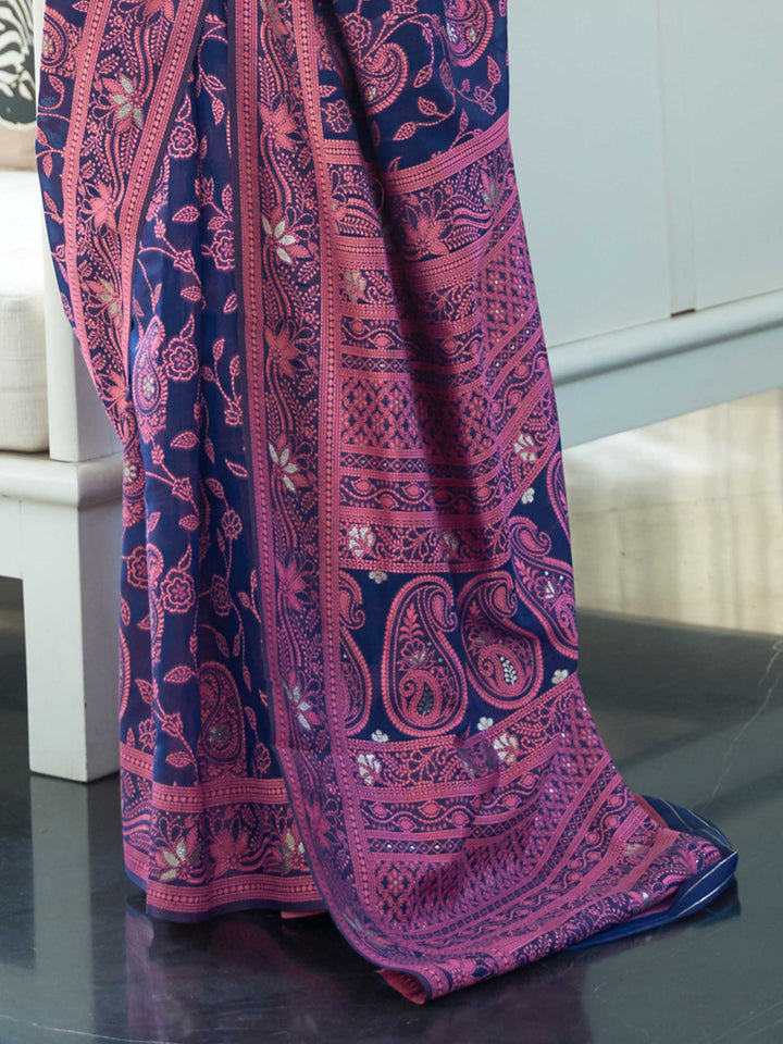 Handcrafted Sapphire Blue Chikankari Organza Saree with Exquisite Traditional Patterns, suitable for Wedding Receptions and Grand Events.