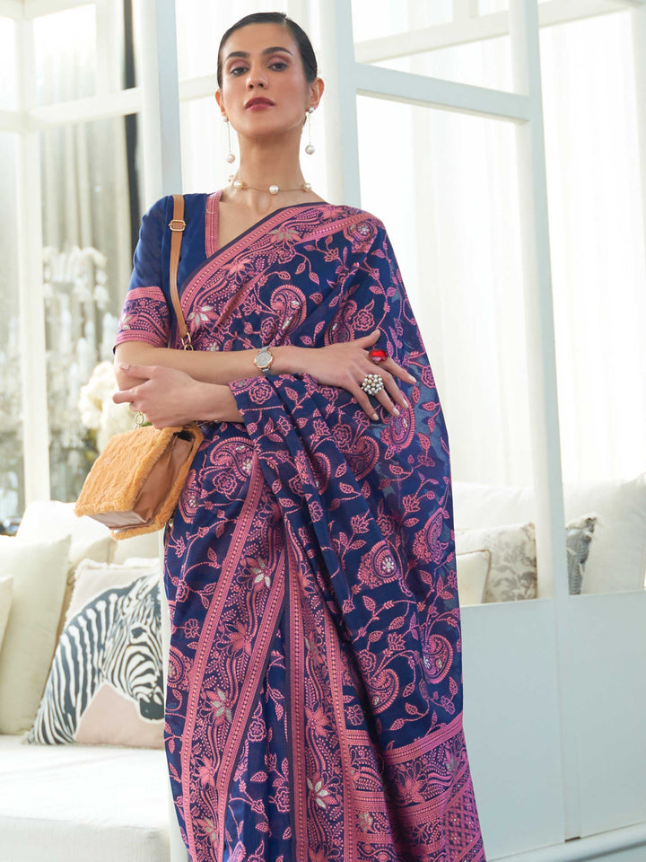 Traditional Sapphire Blue Chikankari Weaving Saree in Soft Silk Fabric, designed for Bridesmaids and Cultural Festivities.