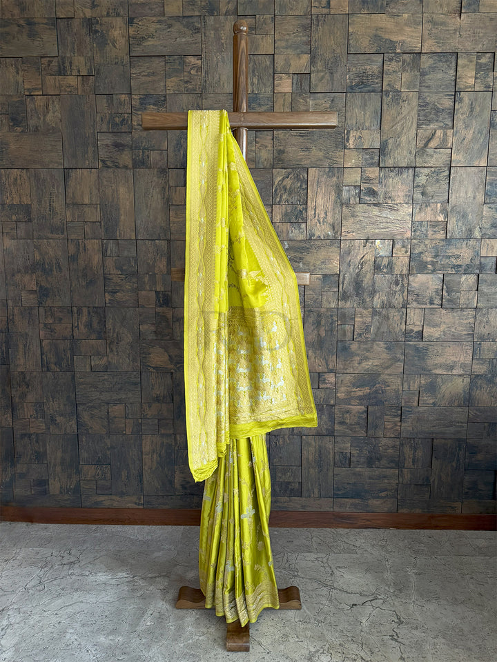 Lemon Yellow Satin Silk Saree with Exquisite Gold and Silver Zari Weaving, a Perfect Ethnic Wear for Weddings and Festive Celebrations Premium Bridal Silk Saree, Surat: Shimmering Lemon Yellow with Dual Gold & Silver Zari | Intricate Motifs, Ideal for Indian Weddings