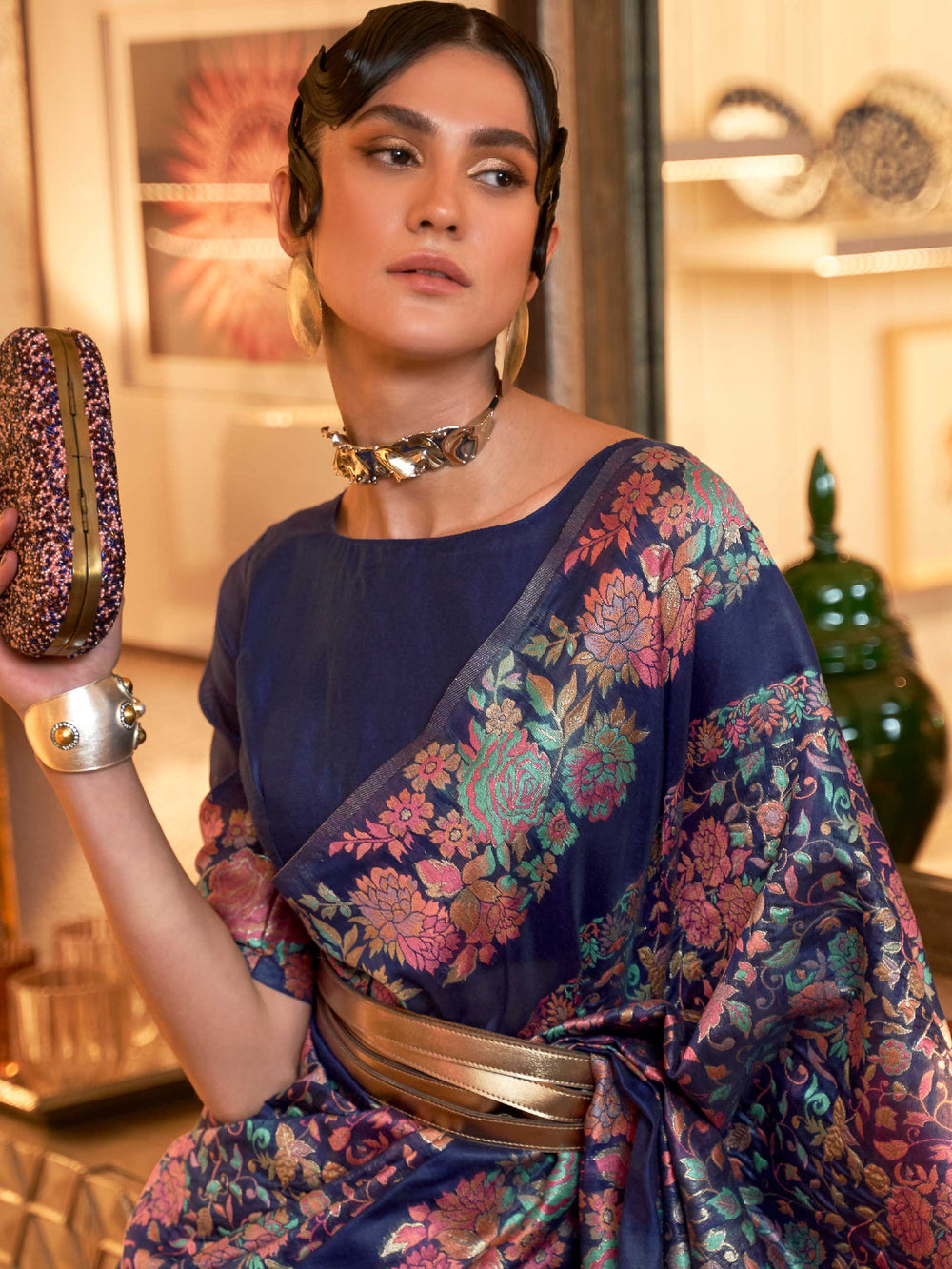 Space Blue Saree, Kashmiri Modal Saree, Handloom Weaving Saree, Designer Borderless Saree, Luxury Handwoven Saree, Wedding Saree, Traditional Kashmiri Weave Saree, Elegant Blue Saree, Ethnic Wear