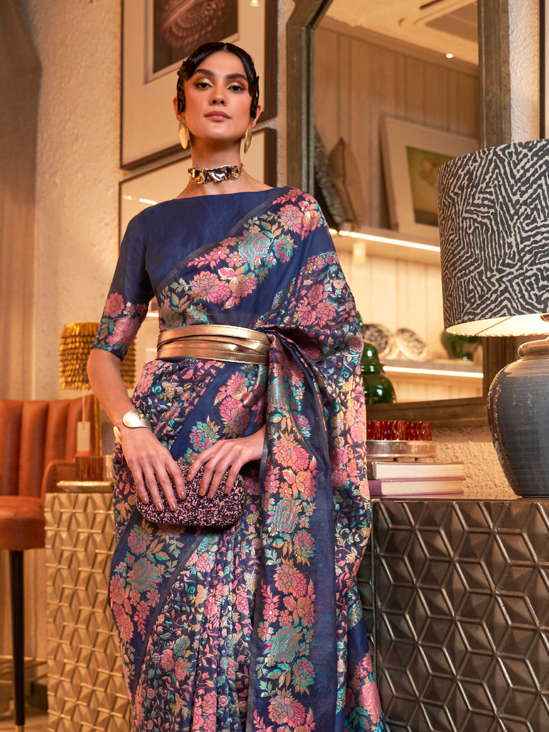 Space Blue Saree, Handloom Weaving Saree, Kashmiri Saree, Designer Ethnic Wear, Party Wear Saree, Luxury Saree, Traditional Indian Saree, Borderless Saree