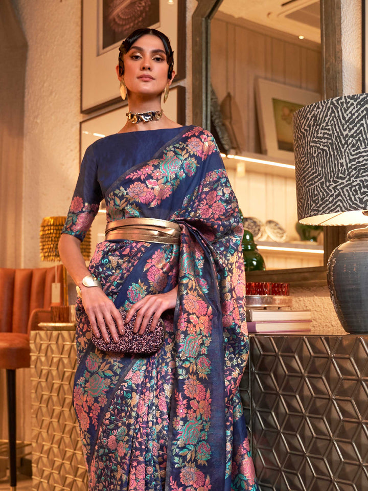 Space Blue Saree, Handloom Weaving Saree, Kashmiri Saree, Designer Ethnic Wear, Party Wear Saree, Luxury Saree, Traditional Indian Saree, Borderless Saree