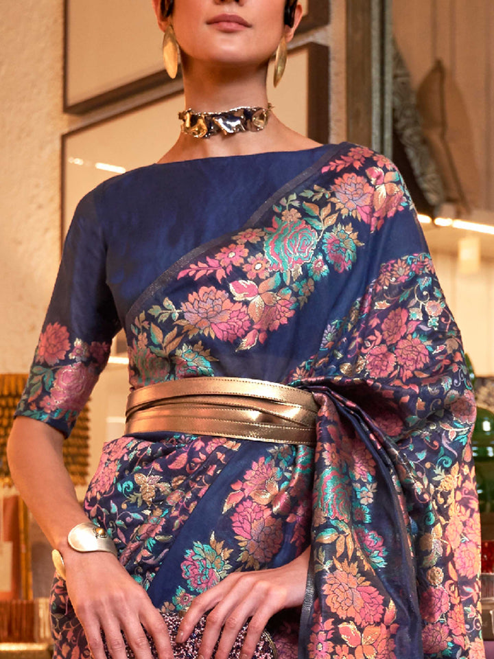 Shop the Space Blue Kashmiri Modal Handloom Borderless Saree at House of Vardha. Featuring authentic Kashmiri handloom weaving and a seamless borderless design, this saree is perfect for both festive and formal occasions.