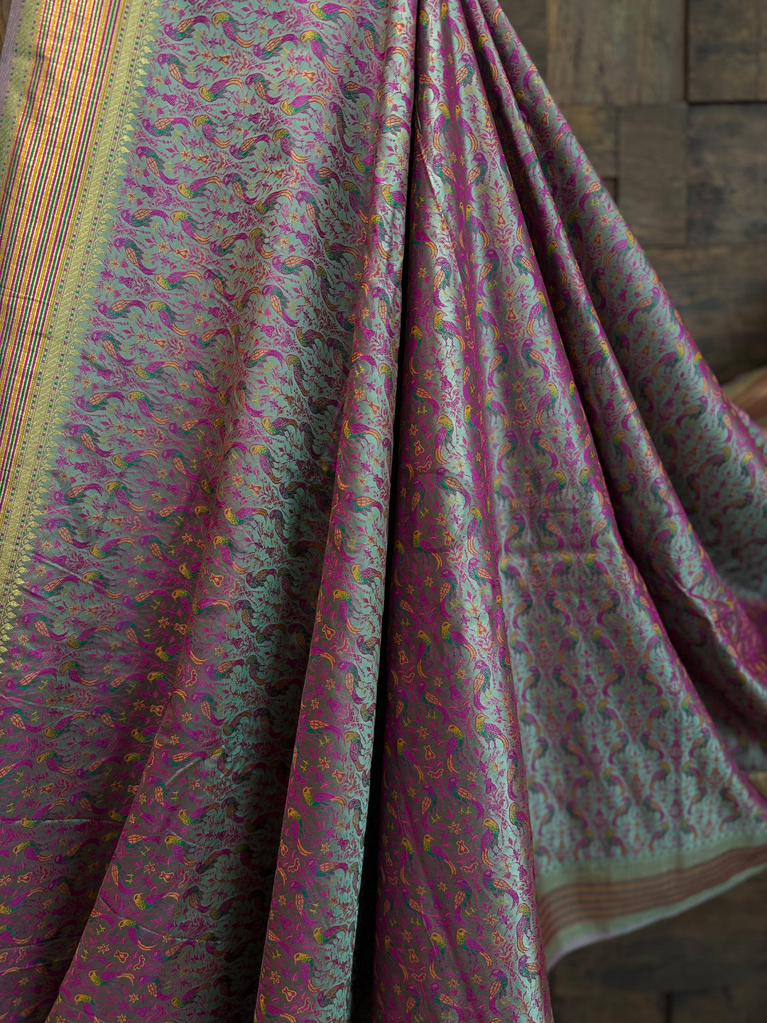 Sea Green-Gold Tanchoi Silk Saree Featuring Intricate Thread Weaving