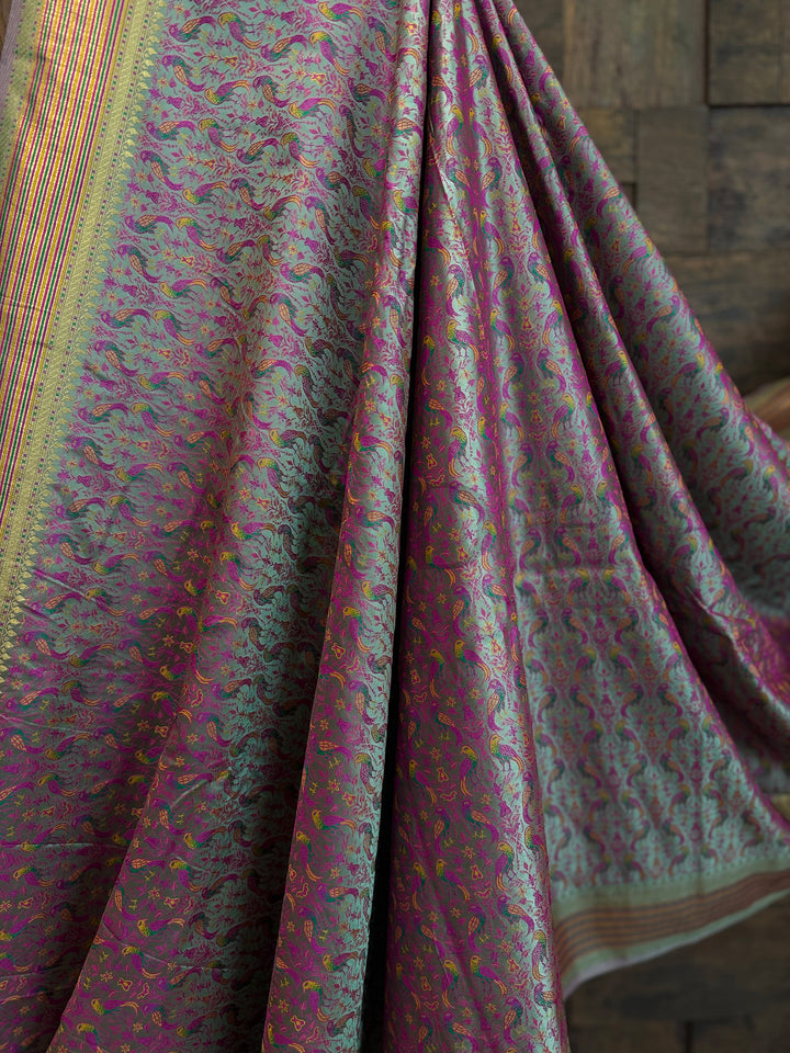 Sea Green-Gold Tanchoi Silk Saree Featuring Intricate Thread Weaving