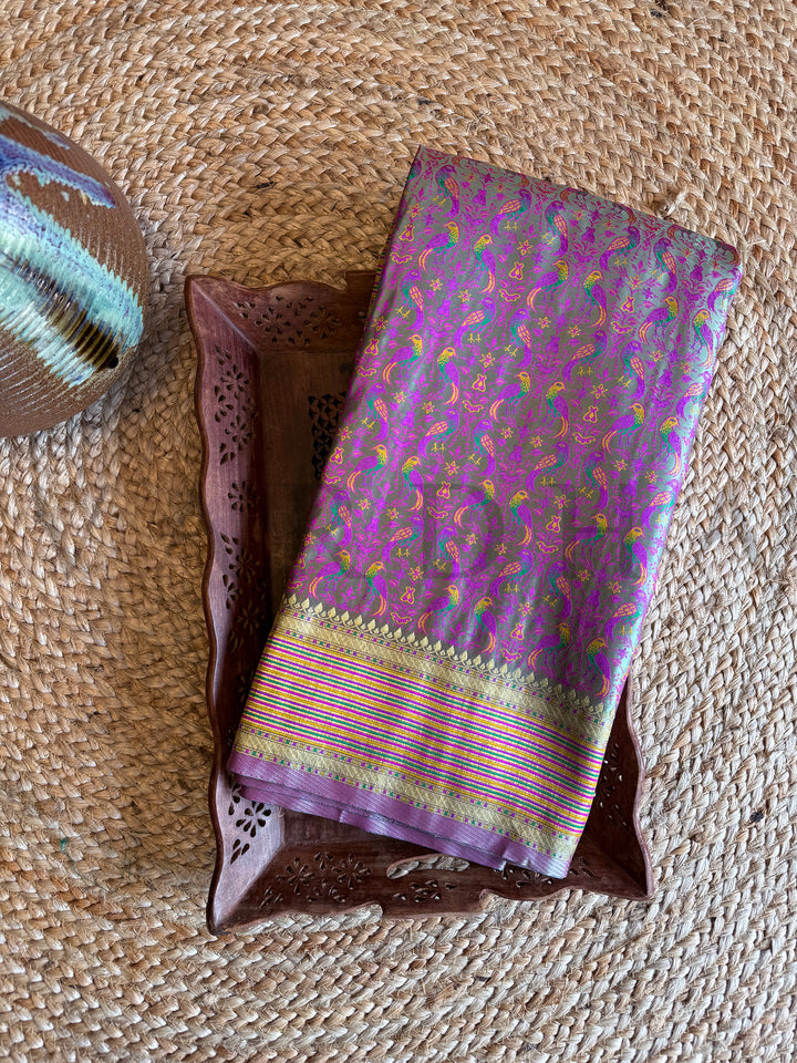 Sea Green-Gold Tanchoi Silk Saree Featuring Intricate Thread Weaving