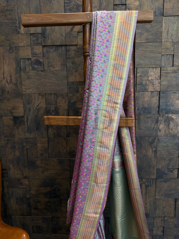 Sea Green-Gold Tanchoi Silk Saree Featuring Intricate Thread Weaving