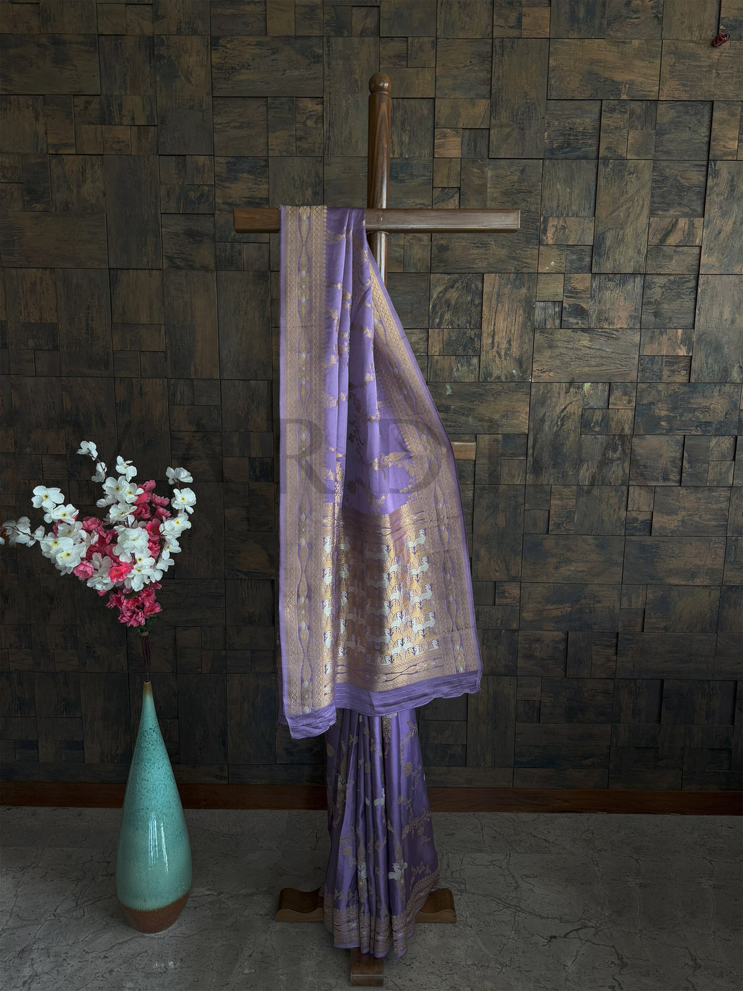 Lilac Satin Silk Saree with Intricate Dual Zari Gold & Silver