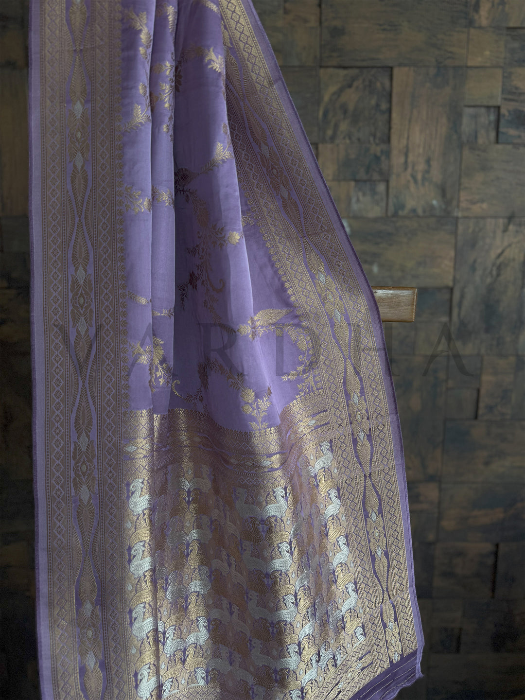 Lilac Satin Silk Saree with Intricate Dual Zari Gold & Silver