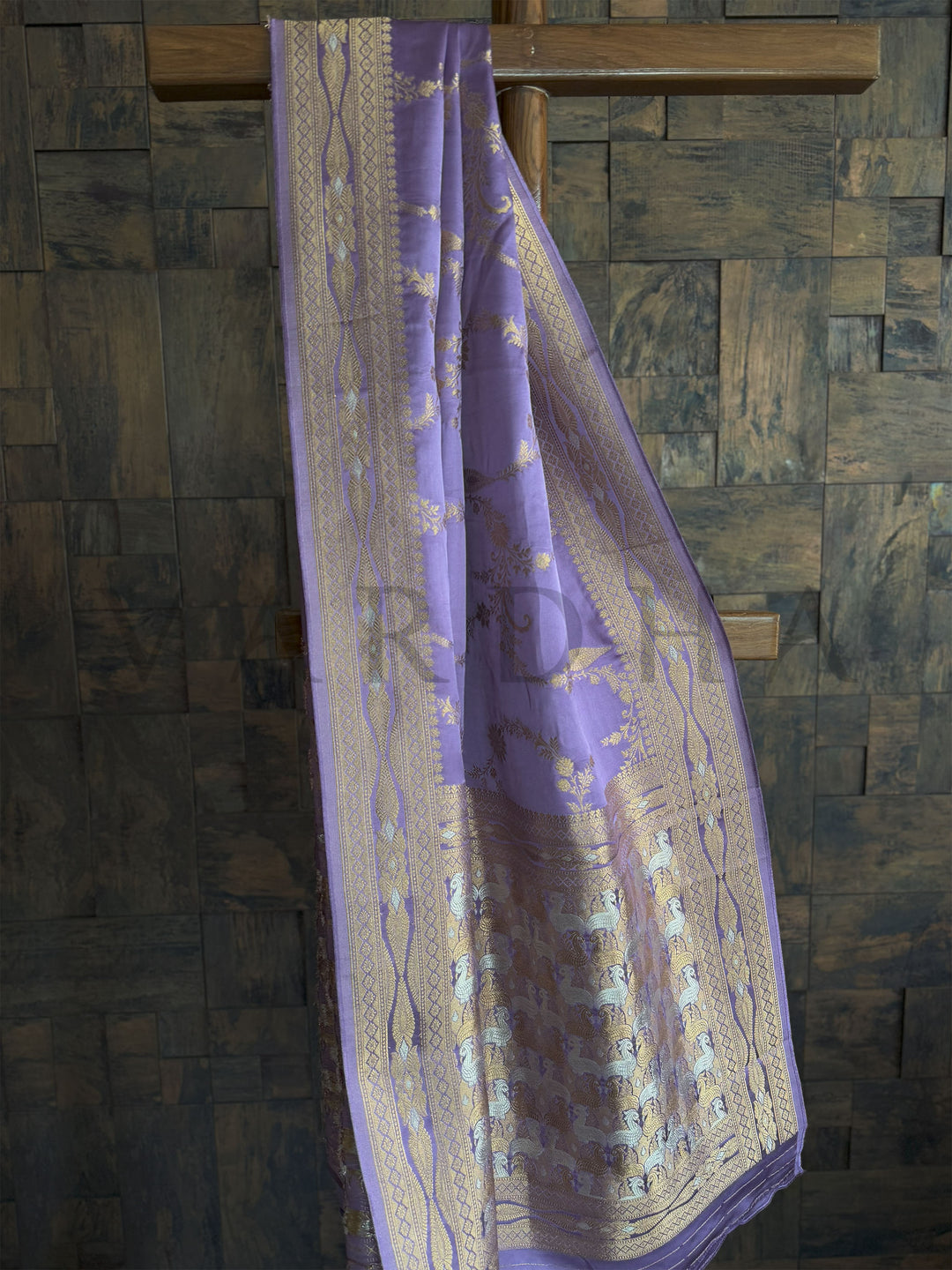 Lilac Satin Silk Saree with Intricate Dual Zari Gold & Silver
