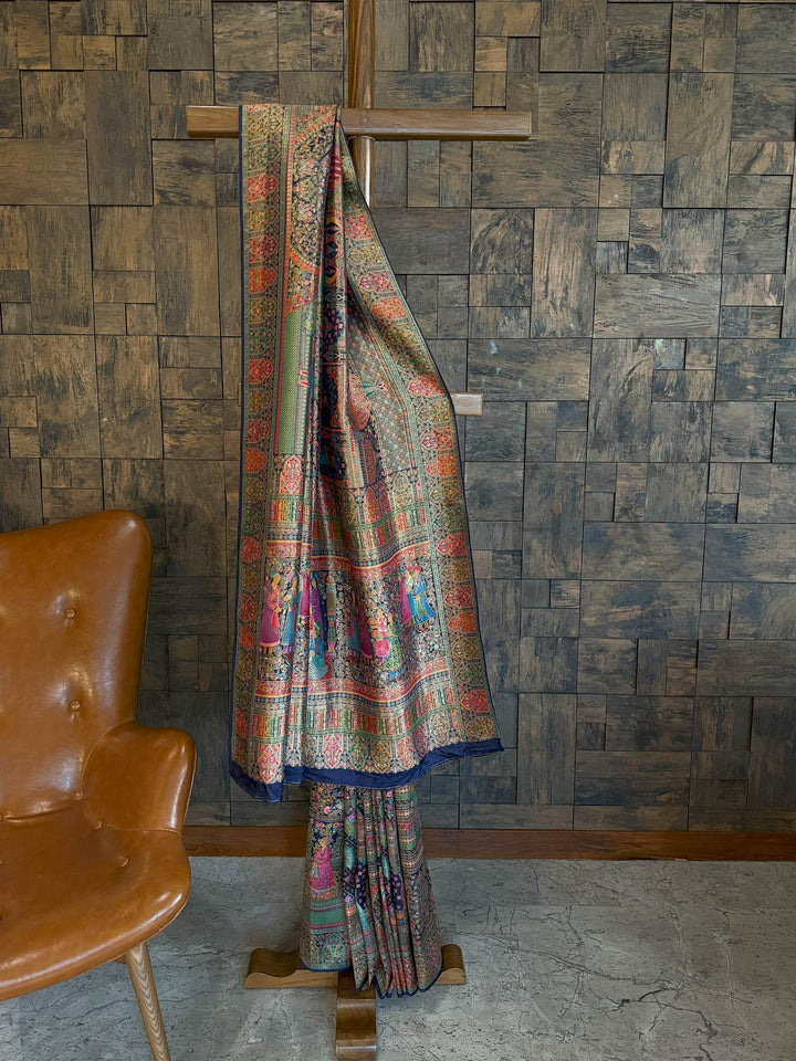 Navy Blue Banarasi Katan Silk Saree | Darbari Style with Traditional Kalamkari Zari Work