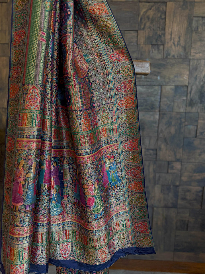 Navy Blue Banarasi Katan Silk Saree | Darbari Style with Traditional Kalamkari Zari Work