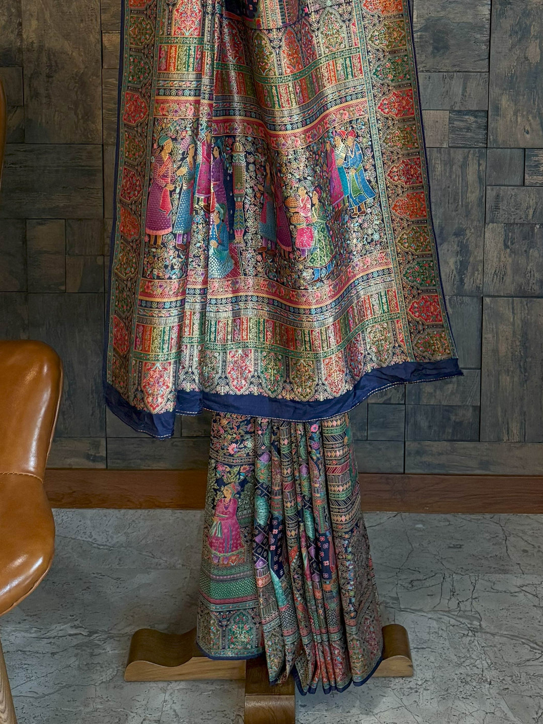 Navy Blue Banarasi Katan Silk Saree | Darbari Style with Traditional Kalamkari Zari Work