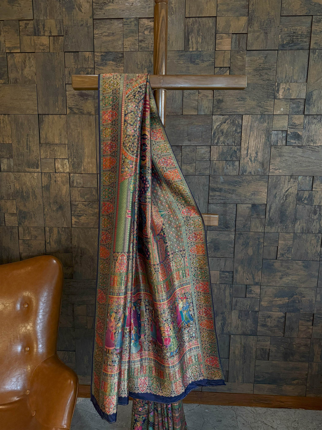 Navy Blue Banarasi Katan Silk Saree | Darbari Style with Traditional Kalamkari Zari Work