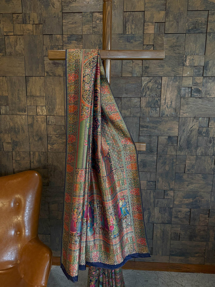 Navy Blue Banarasi Katan Silk Saree | Darbari Style with Traditional Kalamkari Zari Work