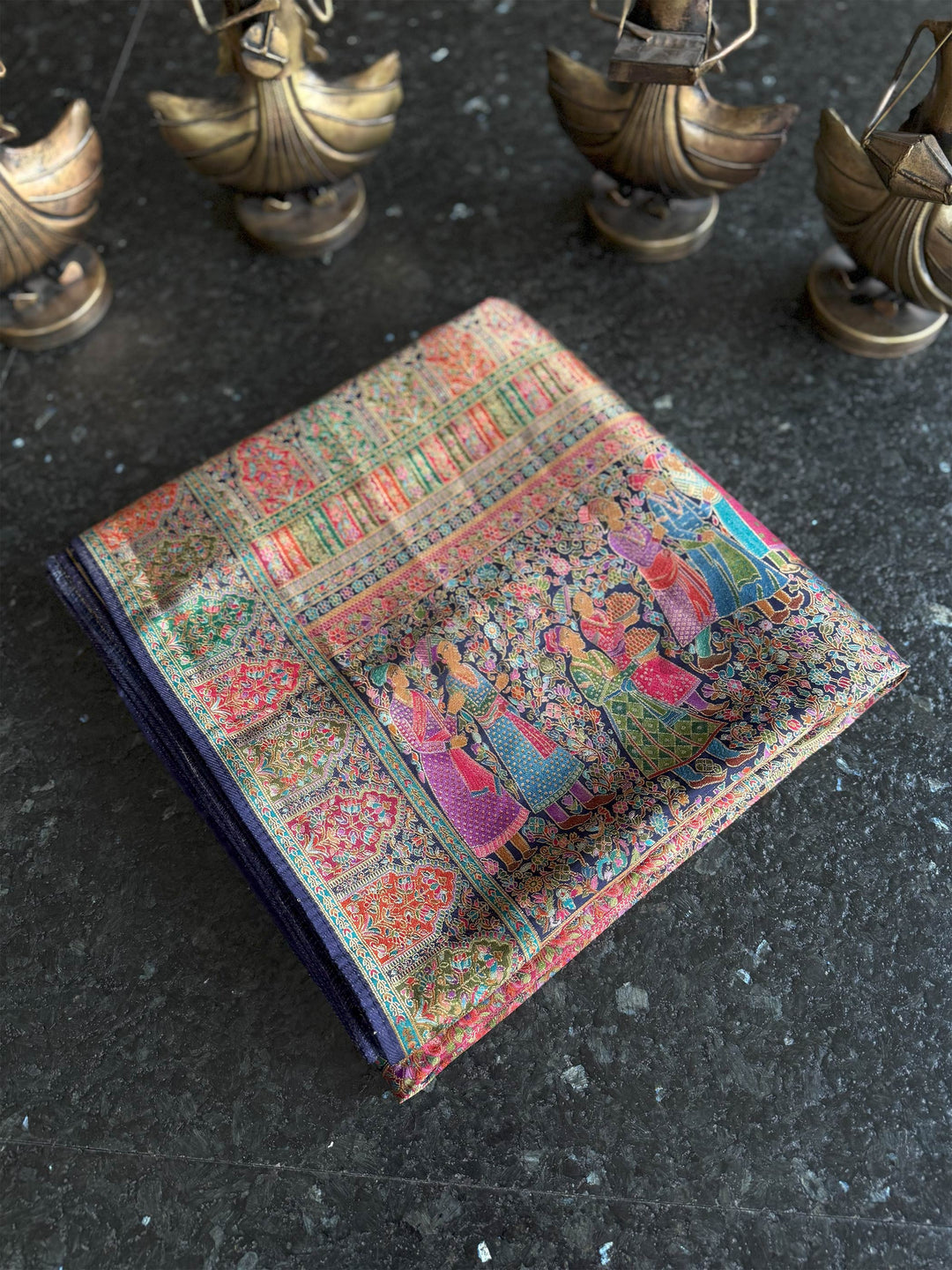 Navy Blue Banarasi Katan Silk Saree | Darbari Style with Traditional Kalamkari Zari Work