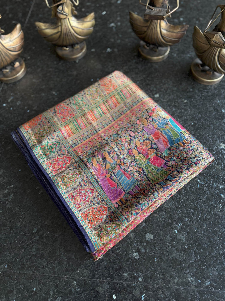 Navy Blue Banarasi Katan Silk Saree | Darbari Style with Traditional Kalamkari Zari Work