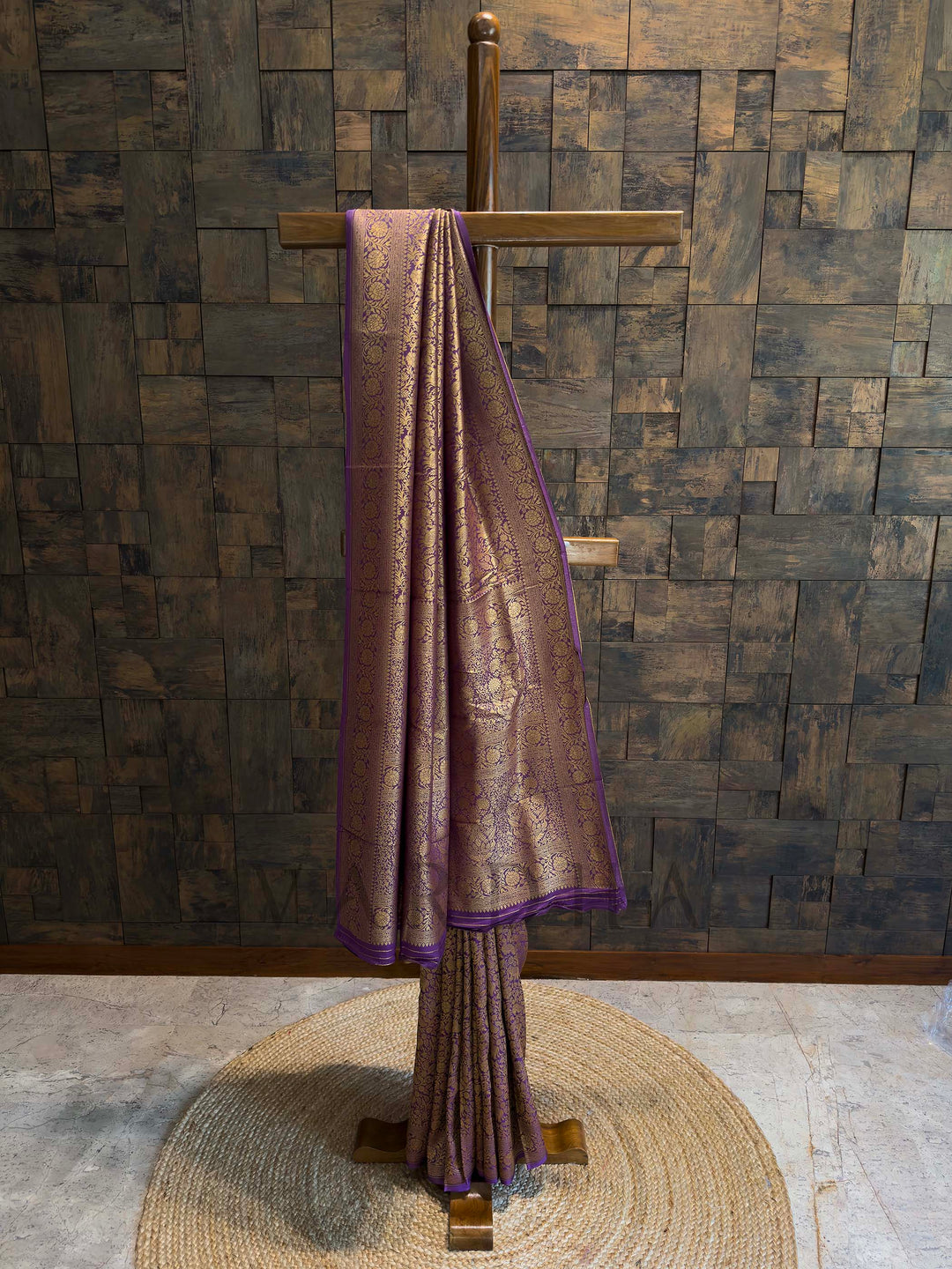 Royal purple Mysore silk saree on stand with gold zari weaving and medium borders
