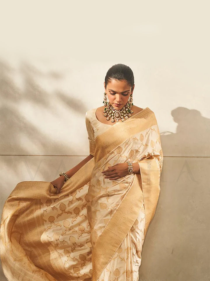 Shriya Pilgaonkar in Pearl White Banarasi Satin Silk