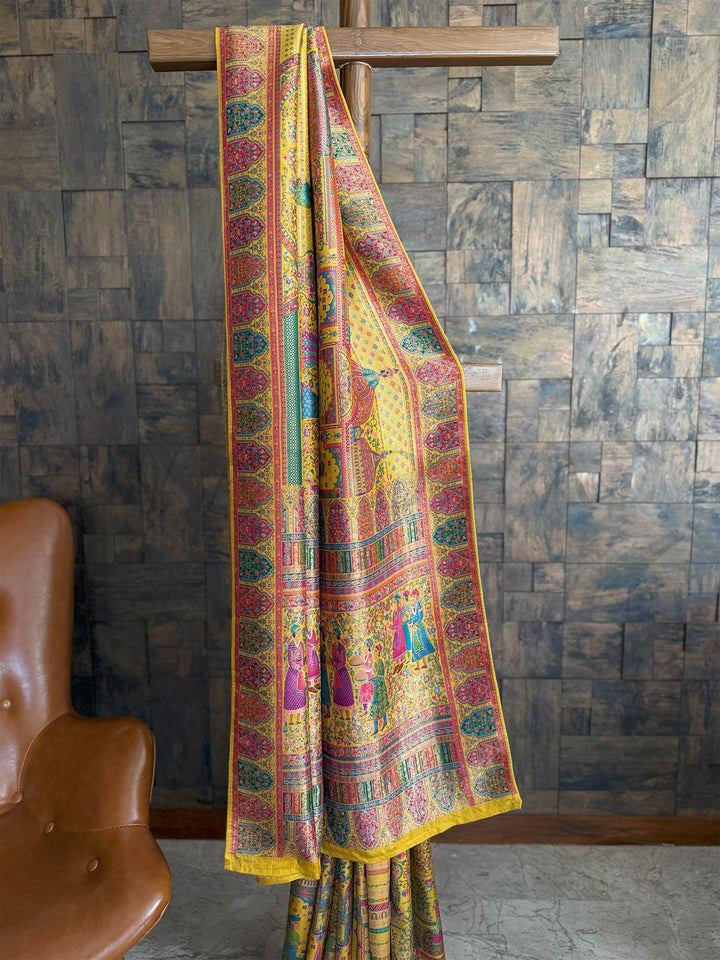 Mustard Yellow Banarasi Katan Silk Saree | Darbari Style with Traditional Kalamkari Zari Work