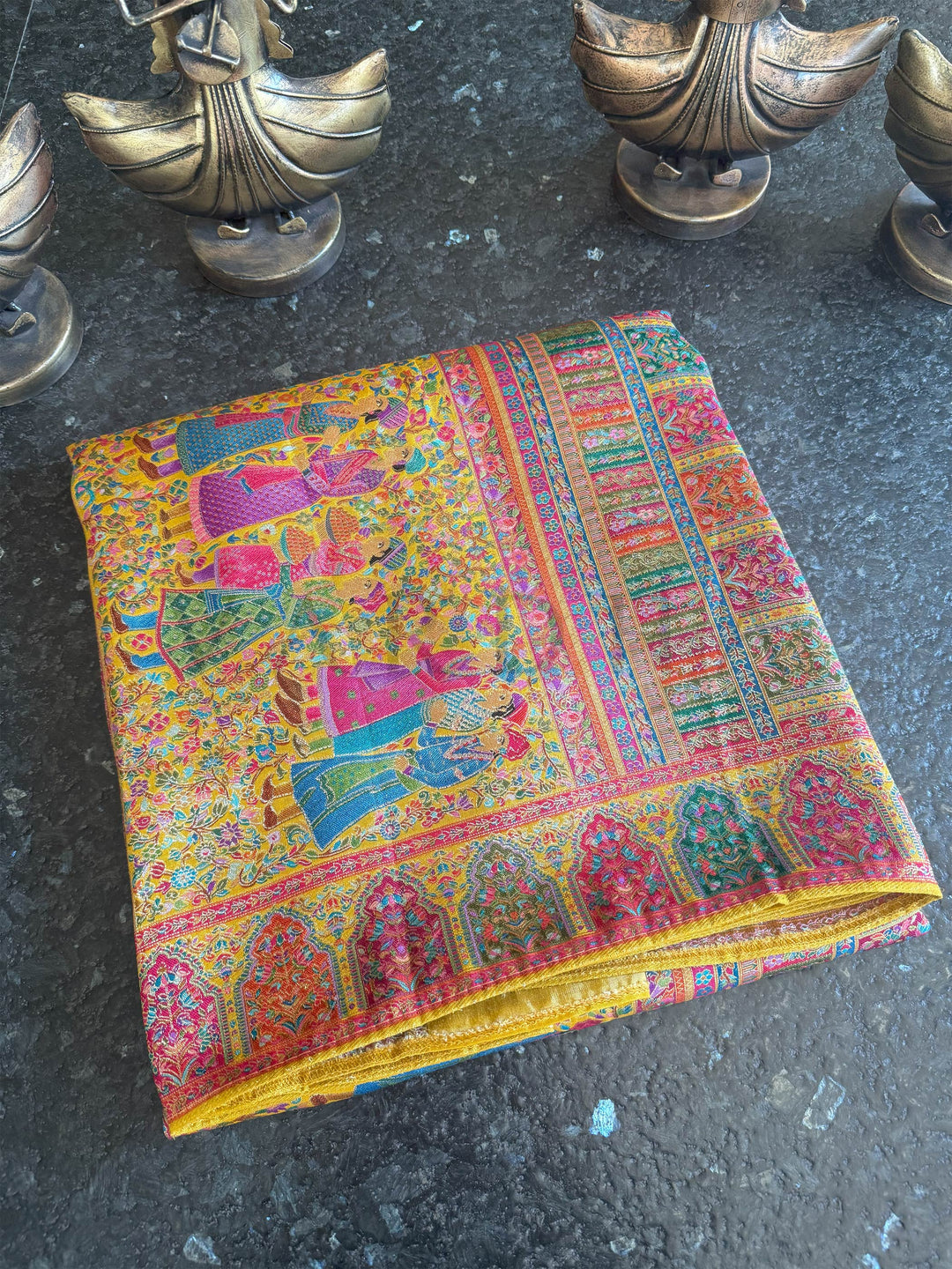 Mustard Yellow Banarasi Katan Silk Saree | Darbari Style with Traditional Kalamkari Zari Work