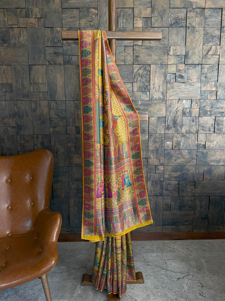 Mustard Yellow Banarasi Katan Silk Saree | Darbari Style with Traditional Kalamkari Zari Work
