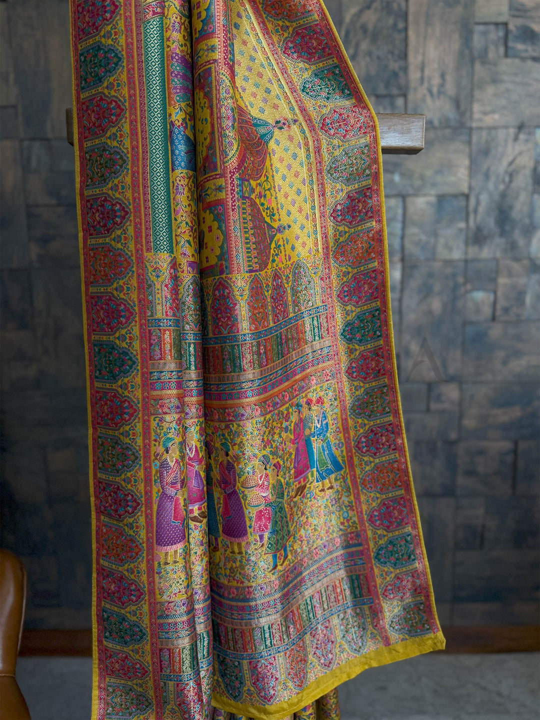 Mustard Yellow Banarasi Katan Silk Saree | Darbari Style with Traditional Kalamkari Zari Work