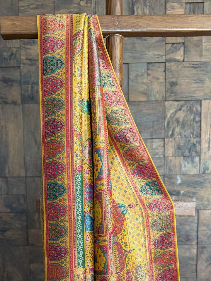 Mustard Yellow Banarasi Katan Silk Saree | Darbari Style with Traditional Kalamkari Zari Work