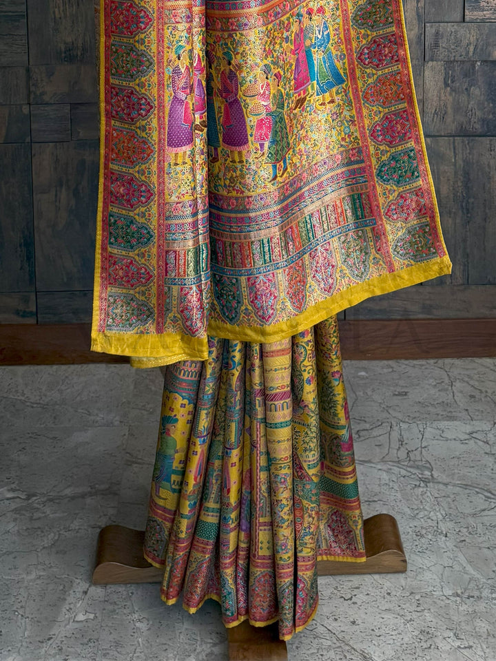 Mustard Yellow Banarasi Katan Silk Saree | Darbari Style with Traditional Kalamkari Zari Work