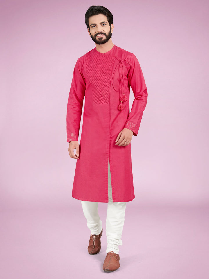 Raspberry Red Angrakha Cotton Kurta for Weddings & Celebrations – Full Sleeves