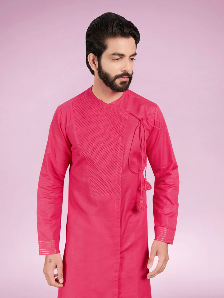 Raspberry Red Angrakha Cotton Kurta for Weddings & Celebrations – Full Sleeves