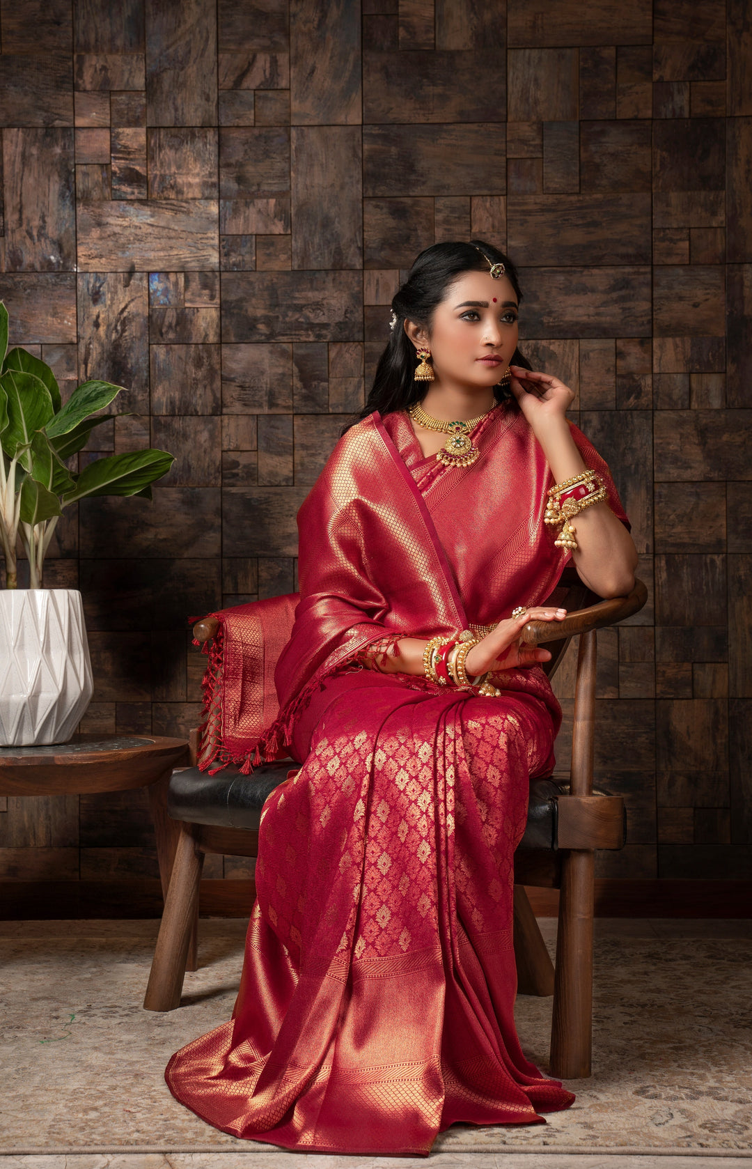 Persian Red Golden Zari Kanjivaram Silk Saree