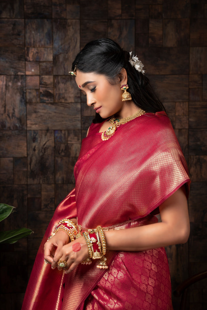 Persian Red Golden Zari Kanjivaram Silk Saree