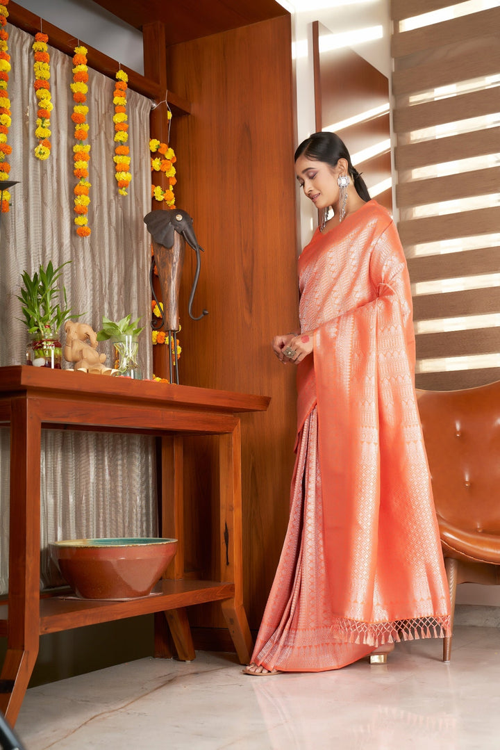 Peach Orange Silver Zari Kanjivaram Silk Saree