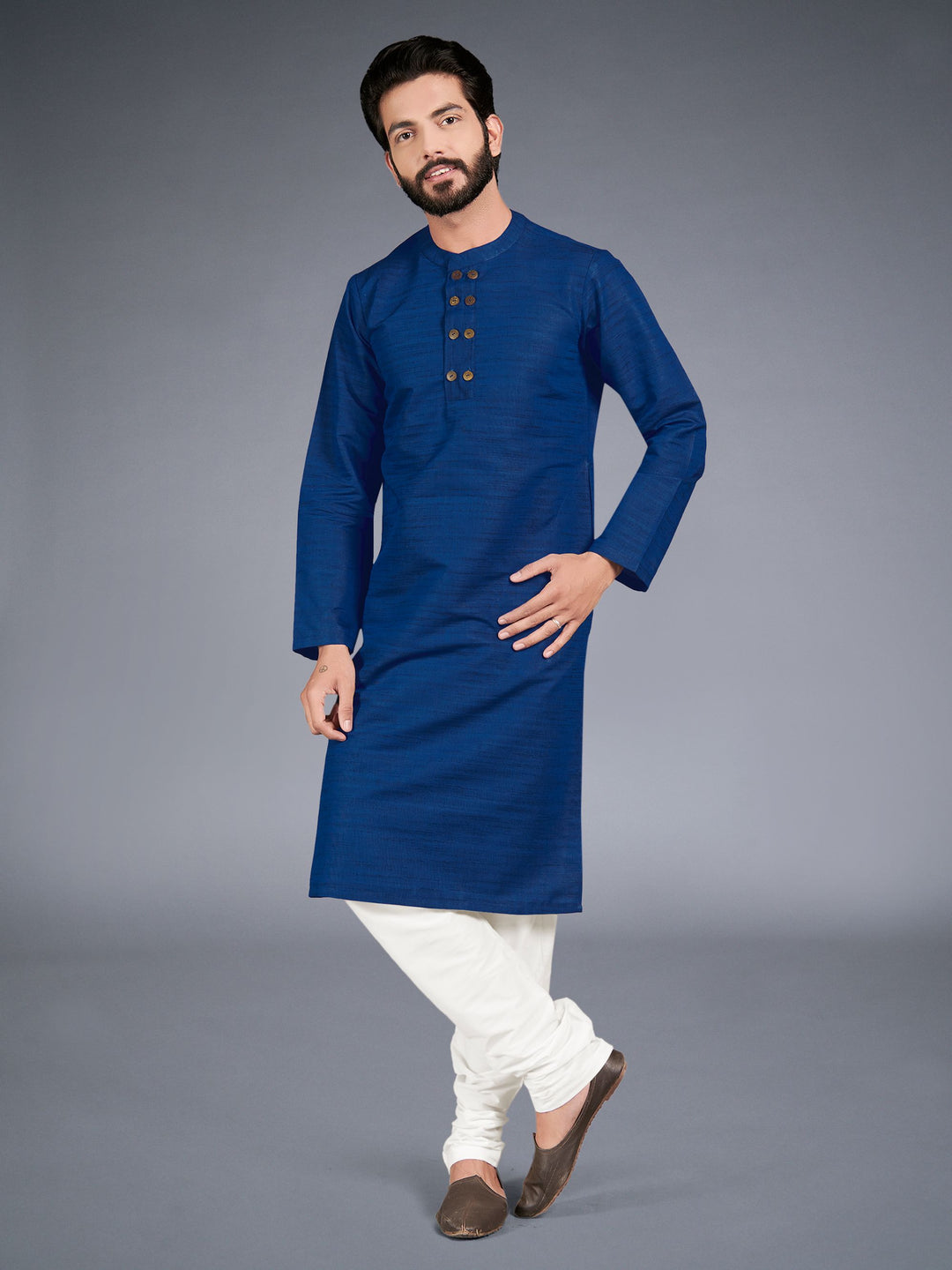 Dark Blue Traditional Solid Straight Cotton Kurta for Wedding and Celebrations