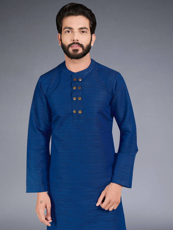 Dark Blue Traditional Solid Straight Cotton Kurta for Wedding and Celebrations