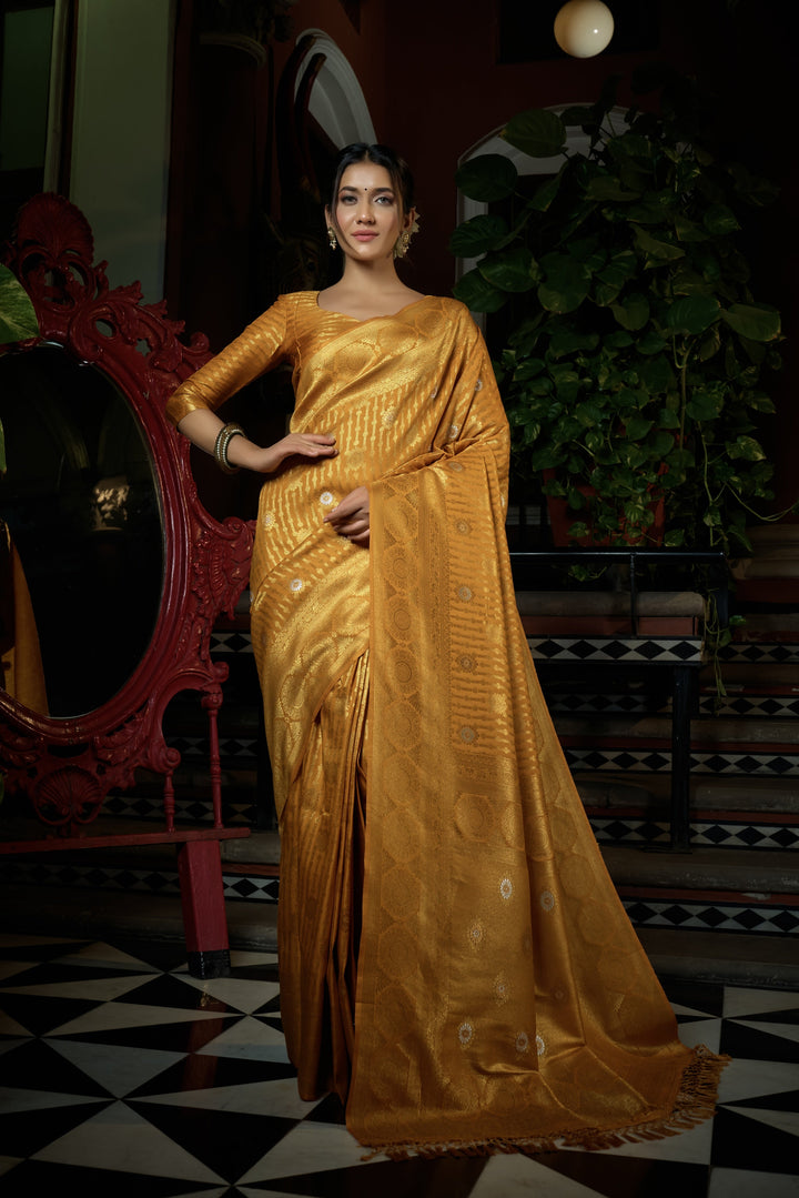 Royal Mustard Yellow Copper-Silver Zari Kanjeevaram Silk Saree | House of Vardha