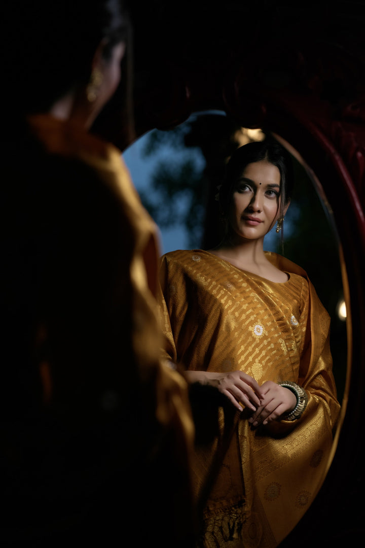 Royal Mustard Yellow Copper-Silver Zari Kanjeevaram Silk Saree | House of Vardha