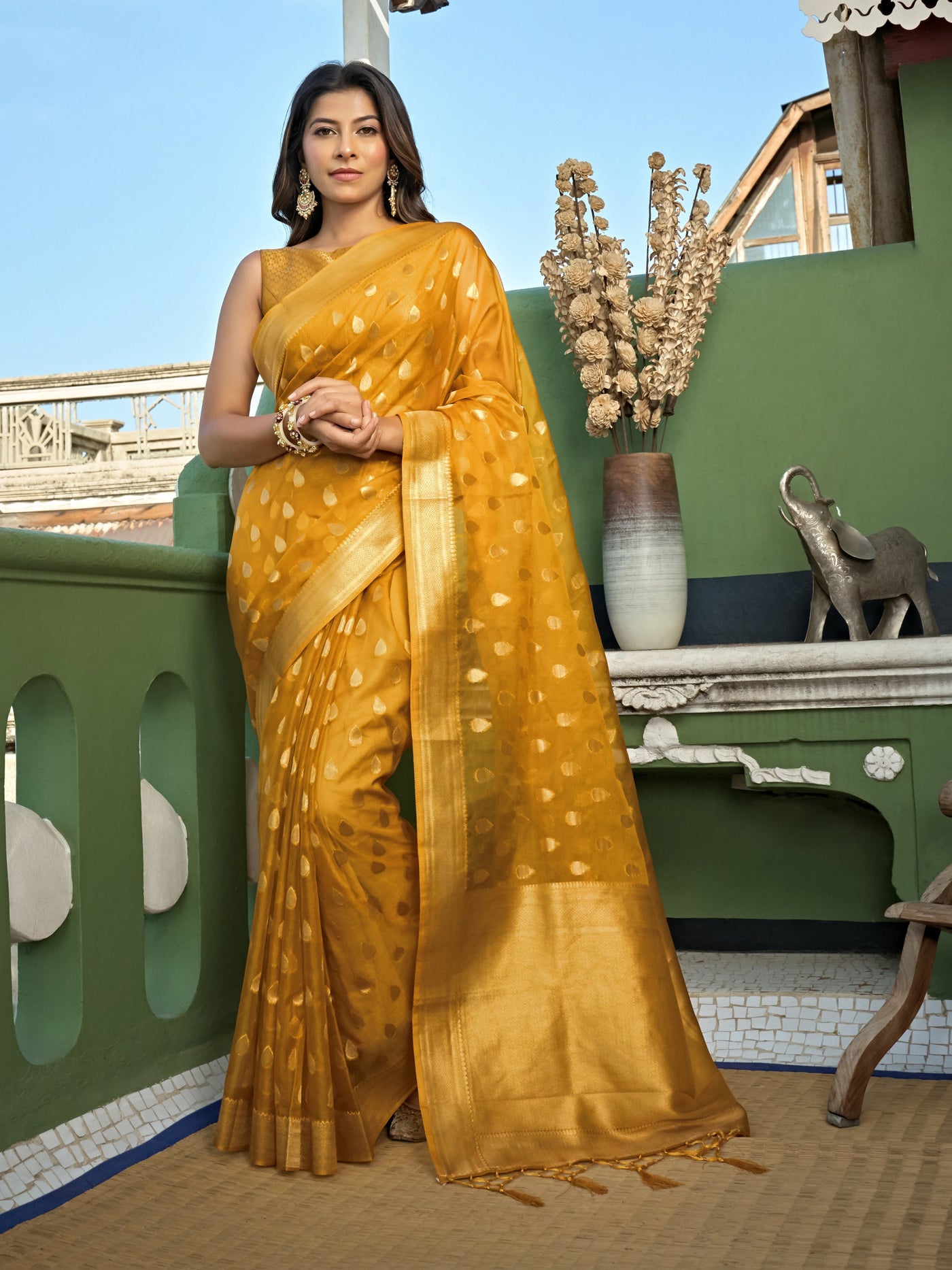 Amber Yellow Golden Zari Banarasi Organza Saree